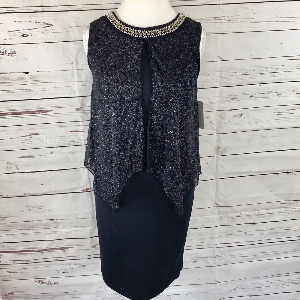Enfocus Studio Women's Sheath Cocktail Dress Blue shimmer Rhinestone Size 4 NWT
